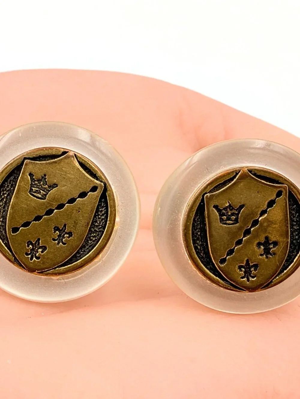 Honorable MCM Gold Plated Heraldic Shield Motif Button Lucite Cufflinks